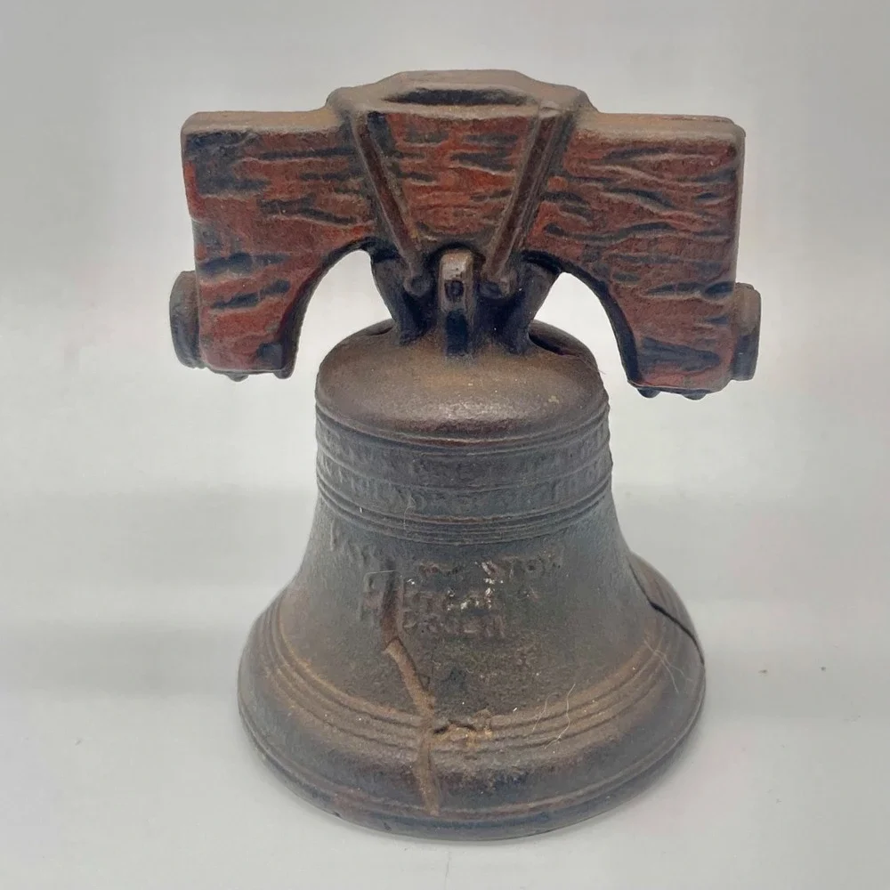 Vintage Liberty Bell Cast Iron Still Bank Antique Style Rustic Brown 3.5
